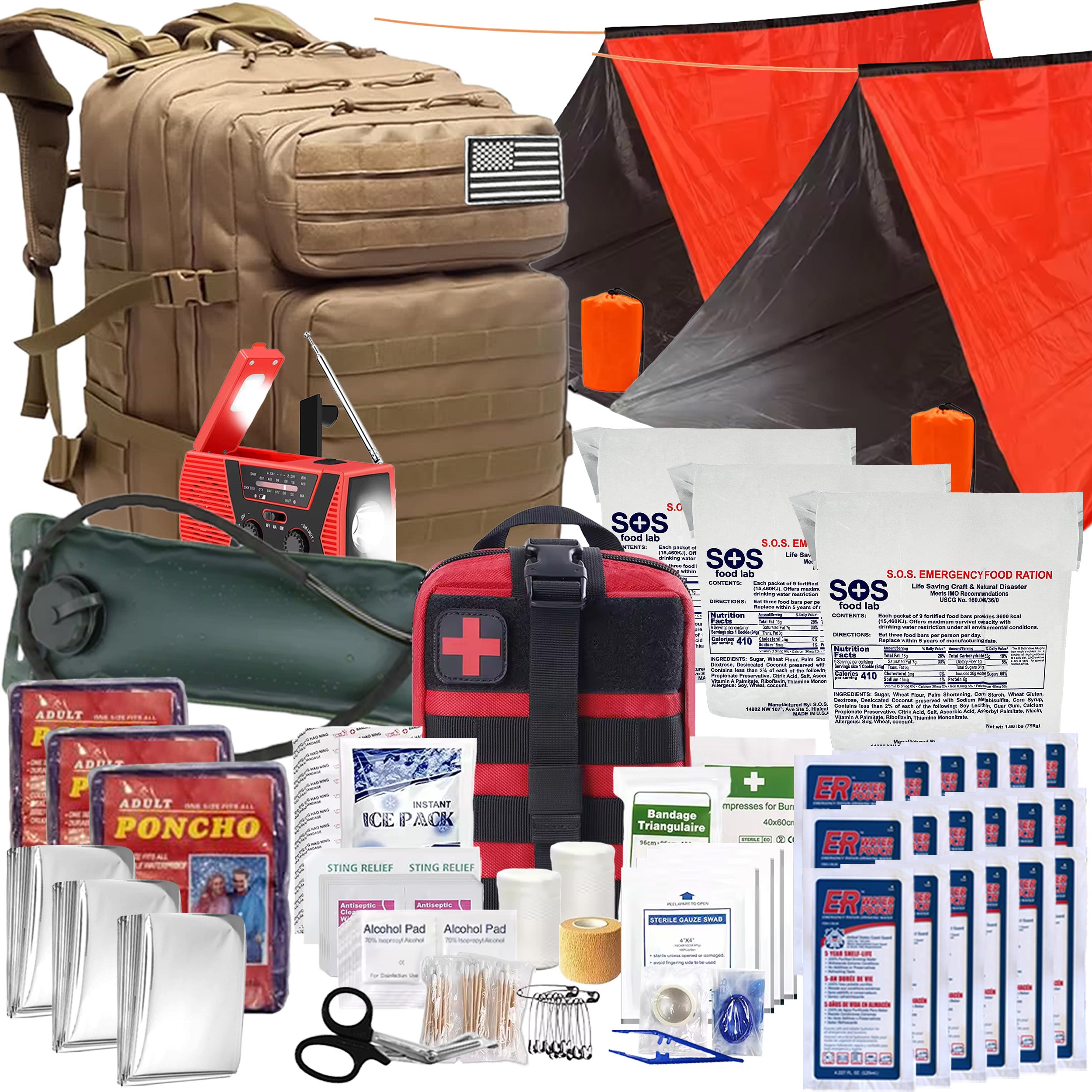 3 Person 72 Hour Survival Bug Out Bag with Backpack, Food, Water, and Shelter