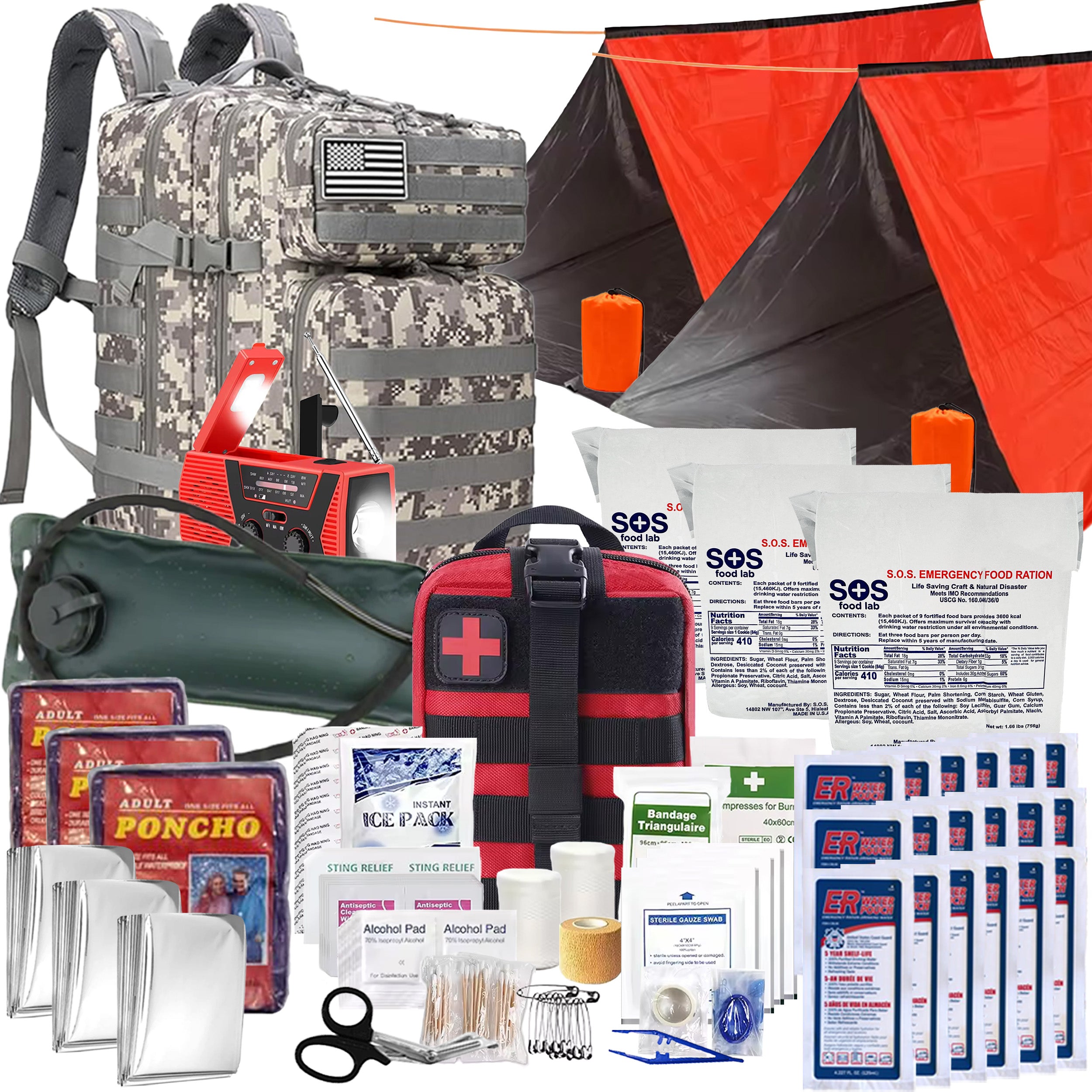 3 Person 72 Hour Survival Bug Out Bag with Backpack, Food, Water, and Shelter