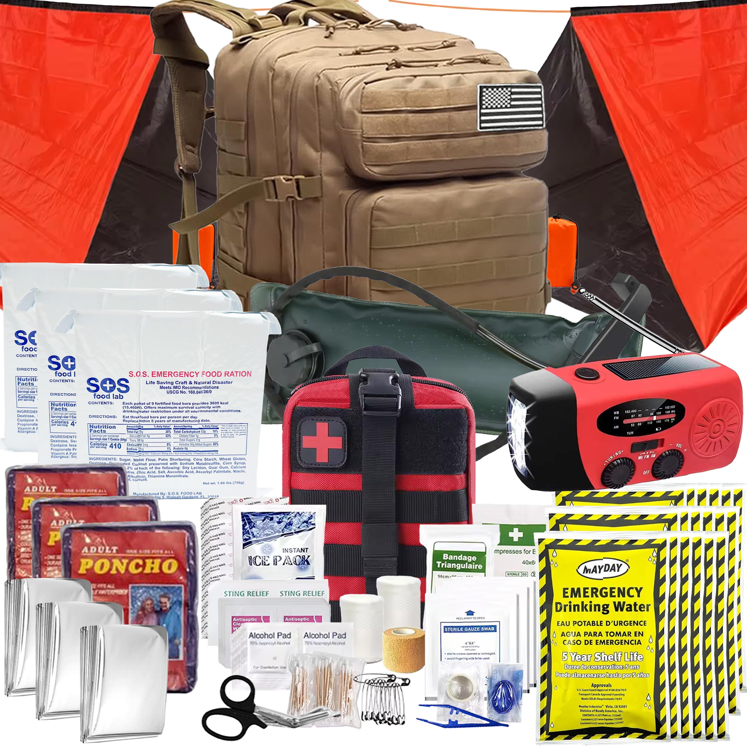 3 Person 72 Hour Survival Bug Out Bag with Backpack, Food, Water, and Shelter